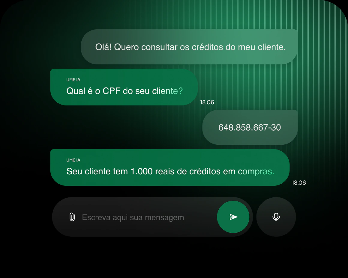 Conversa de atendimento entre cliente e a IA da UME consultando créditos